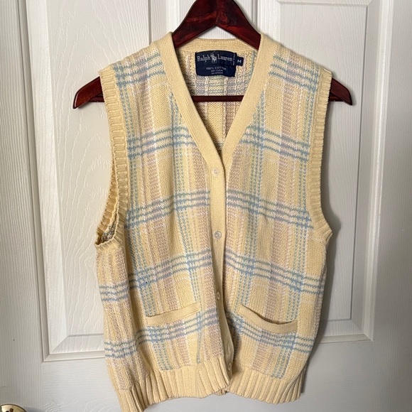 Vintage Ralph Lauren Cream and Blue Plaid V-Neck Sweater Vest - Picture 1 of 3